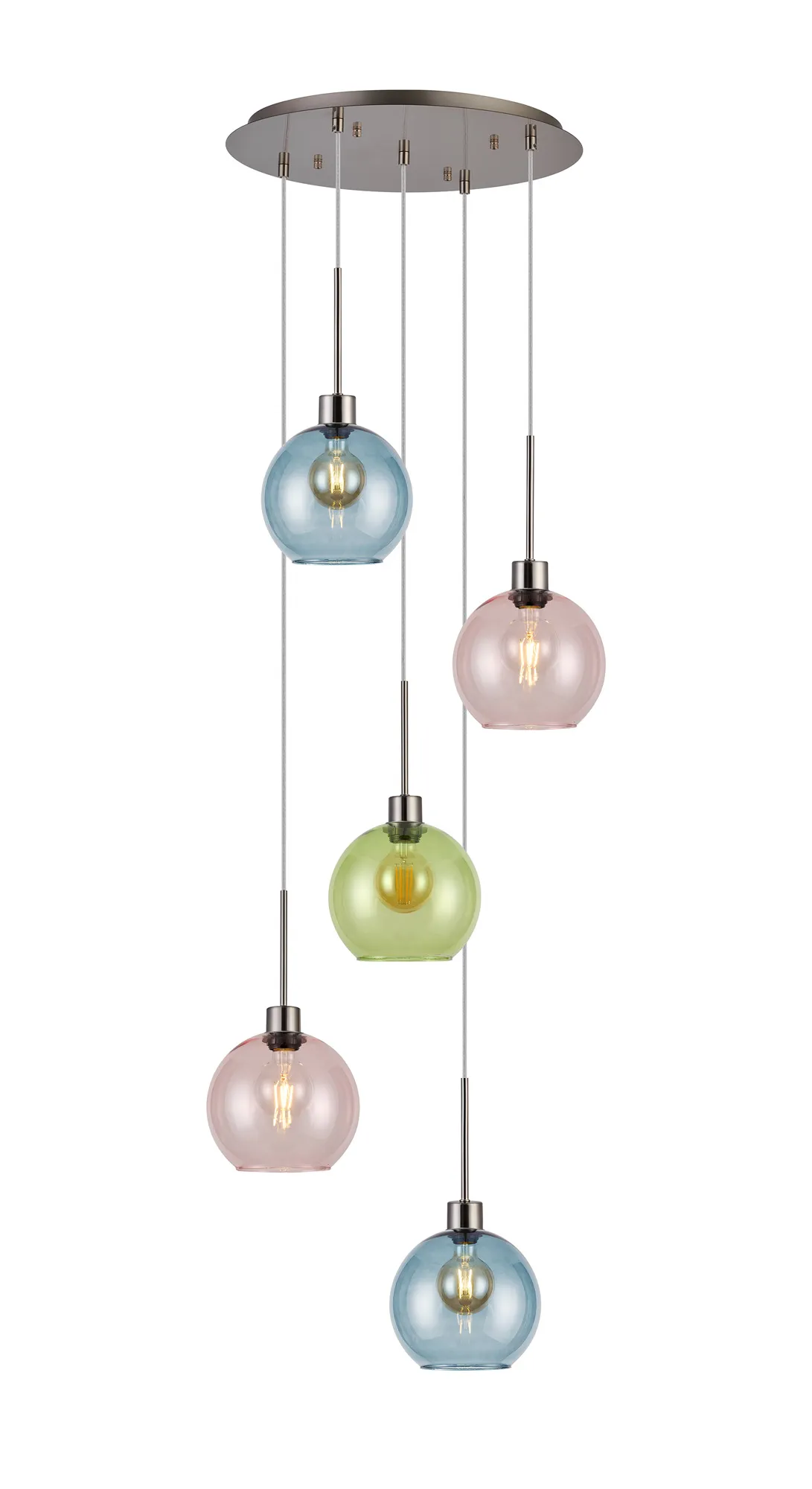 DK1383  Lori 45cm Round Pendant, 5 Light Adjustable E27, Satin Nickel/Blue/Green/Pink Open Mouth Round Globe Shades